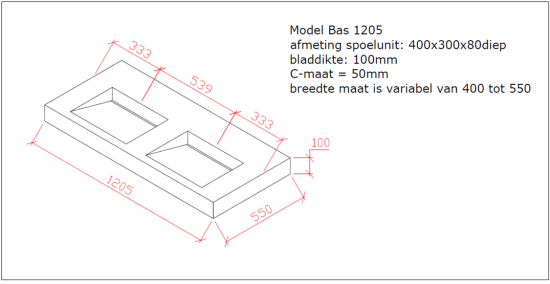 Wastafel beton in variabele diepte en breedte  (1200 / 1400 / 1600 mm) - BAS-02