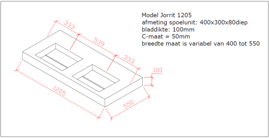 Wastafel beton in variabele diepte en breedte  (1200 / 1400 /1600 mm) - JORRIT-02