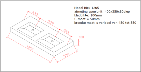 Wastafel beton in variabele diepte en breedte  (1200 / 1400 / 1600 mm) - RICK-02