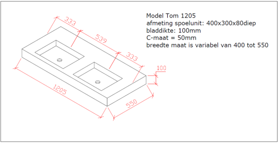 Wastafel beton in variabele diepte en breedte  (1200 / 1400 / 1600 mm) - TOM-02